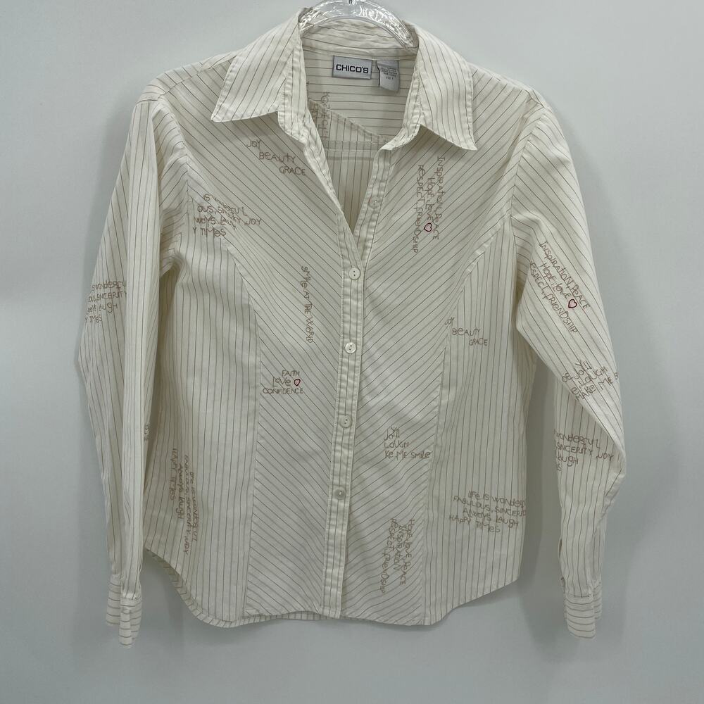 CHICO's Shirt Embroidered Inspirational Women Sz 1 US M Button Front Long Sleeve